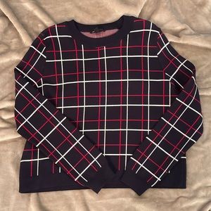 Mango Navy Plaid Knit Sweater Medium Preppy Grid Crewneck